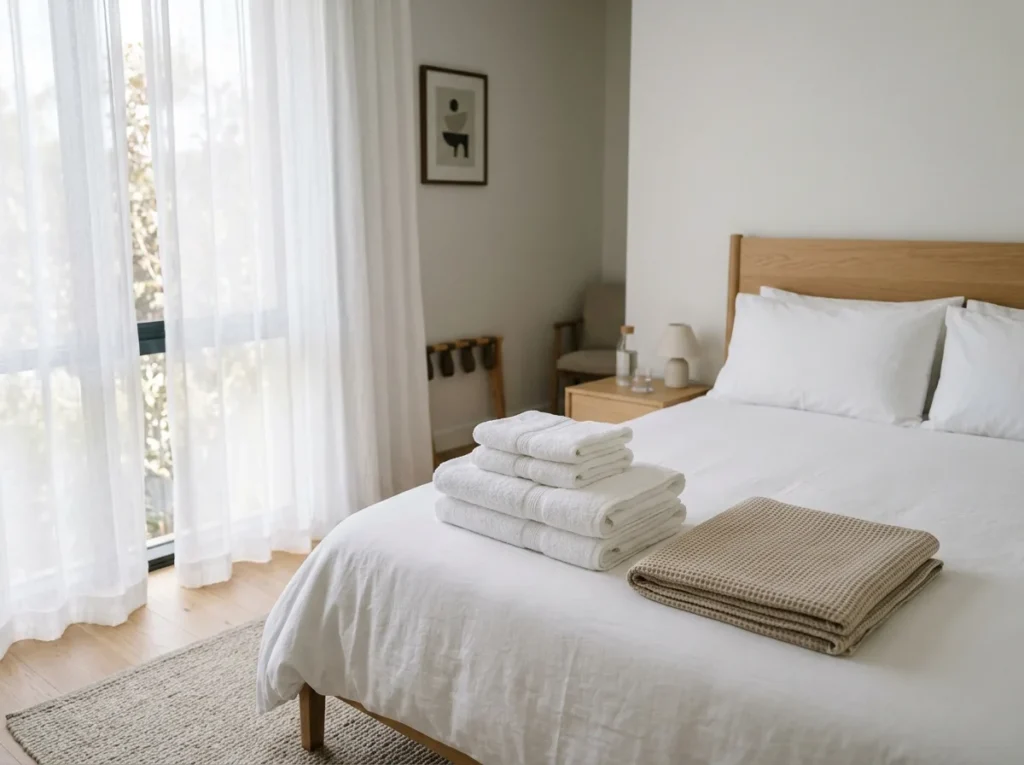 White towels and bed linen in a hotel room