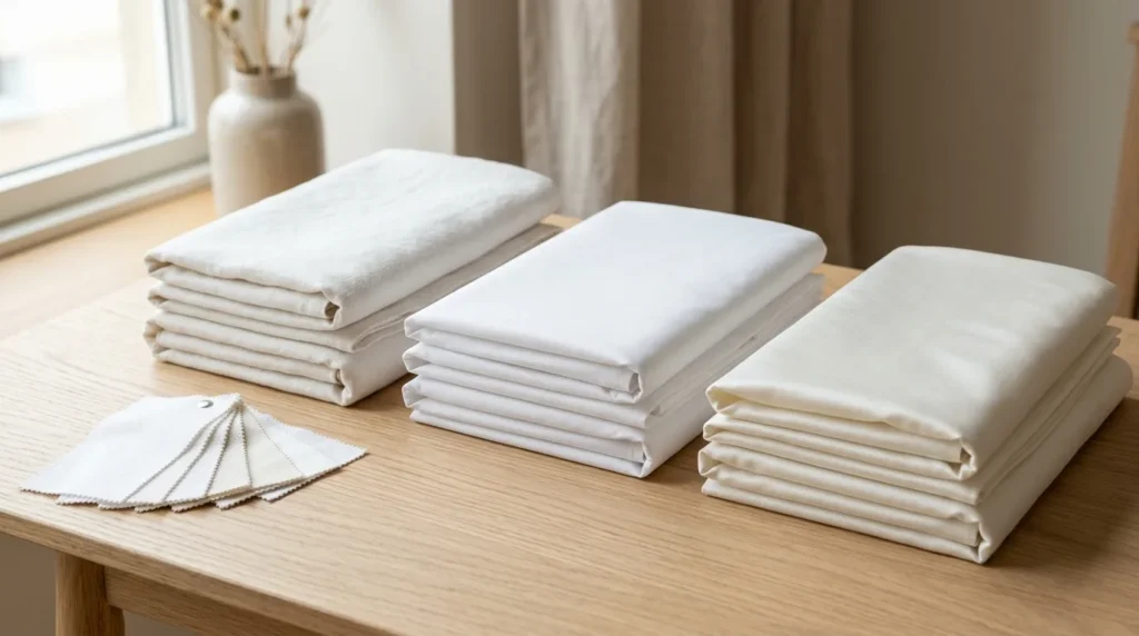 Folded white cotton bed linen in three fabric textures on a wooden table