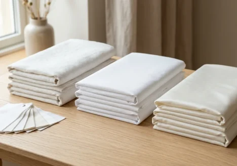 Folded white cotton bed linen in three fabric textures on a wooden table