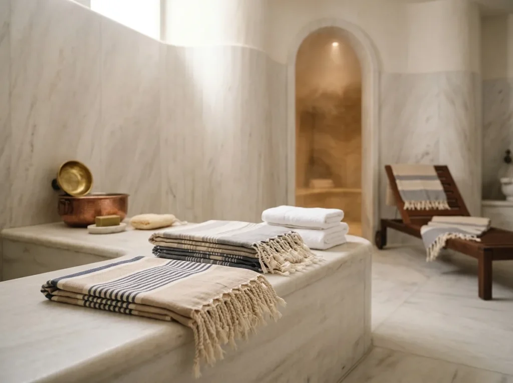 Folded peshtemals and white towels on a marble bench in a Turkish hammam