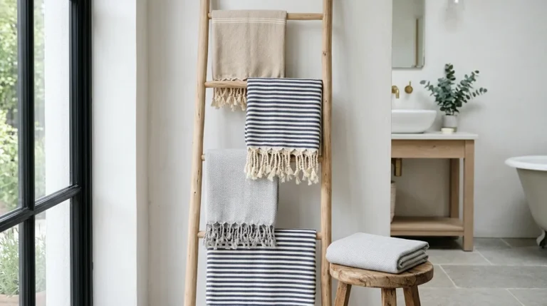 Turkish peshtemals with fringes draped over a wooden ladder in a bright bathroom