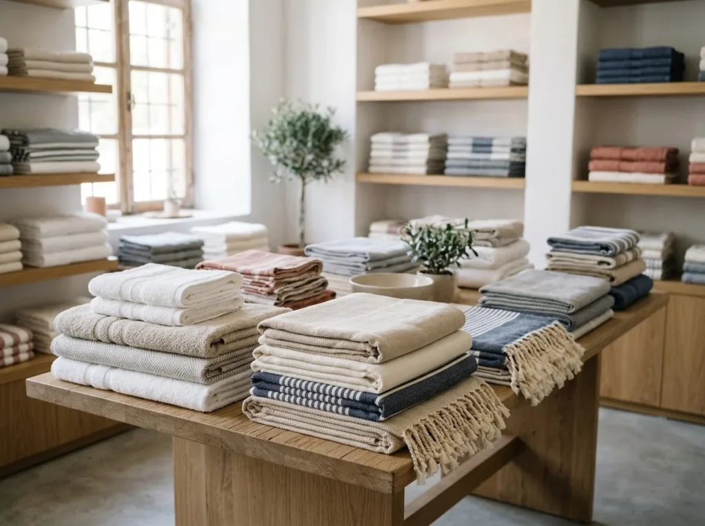 Folded Turkish towels and peshtemals in a textile showroom